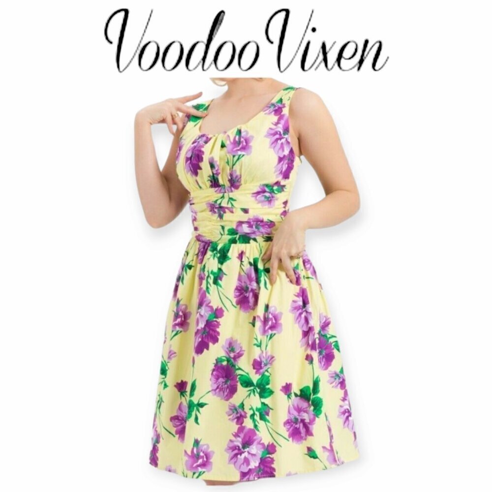 Voodoo Vixen Yellow Floral Pinup Dress XS 1950s Retro Sleeveless Cotton Summer